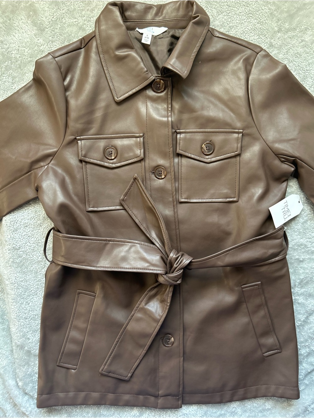 Time and Tru Chocolate Brown Faux Leather Belted Jacket